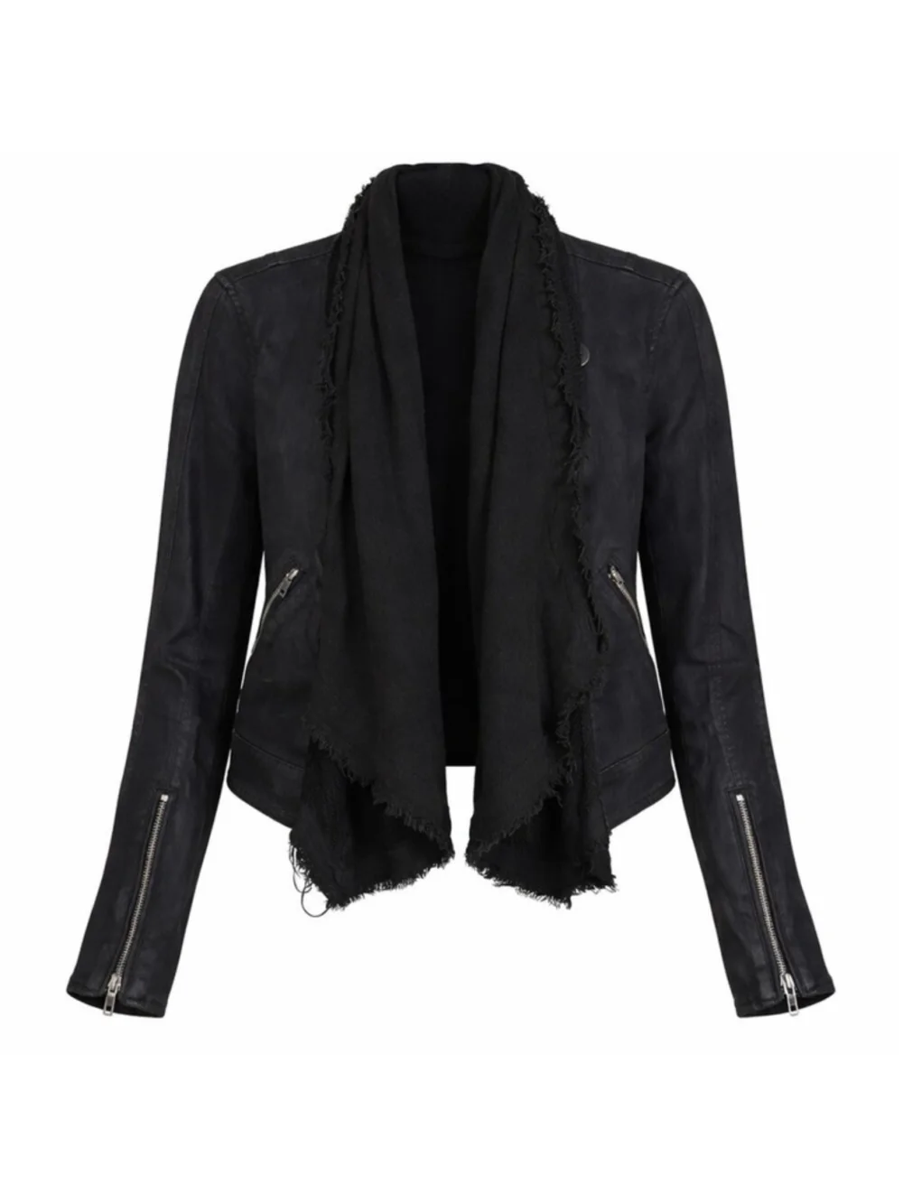 Free People Coated Denim Drape Lagen Look Moto Jacket Black Waterfall Collar 2